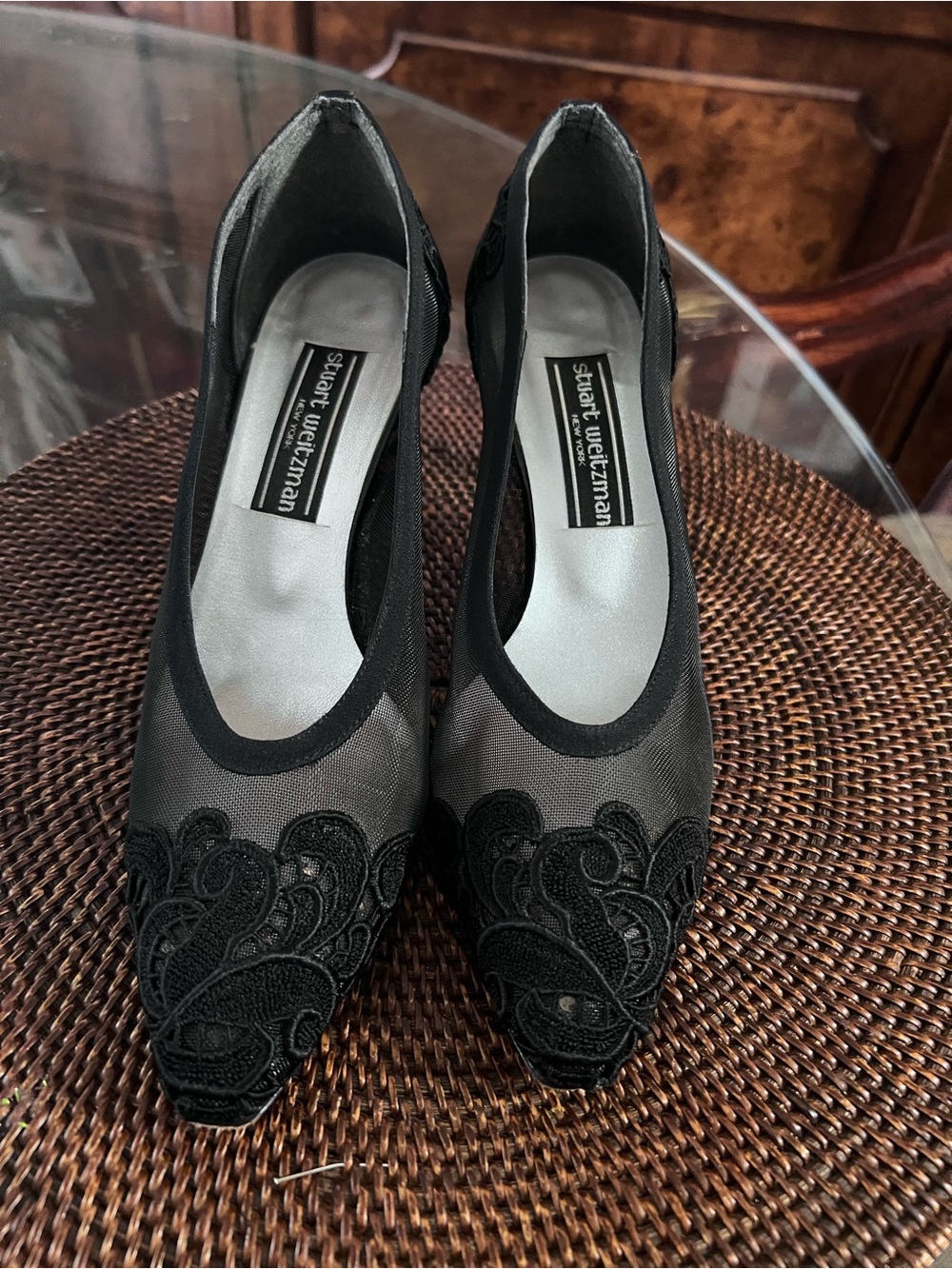 Stuart Weitzman Black Mesh & Embroidered Pointed Pumps